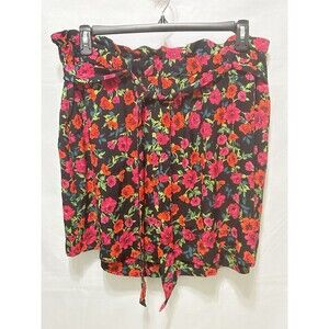 Express Womens XL Black Rayon Skirt Red Floral Ruffle Waist with Belt Tie NWT‎